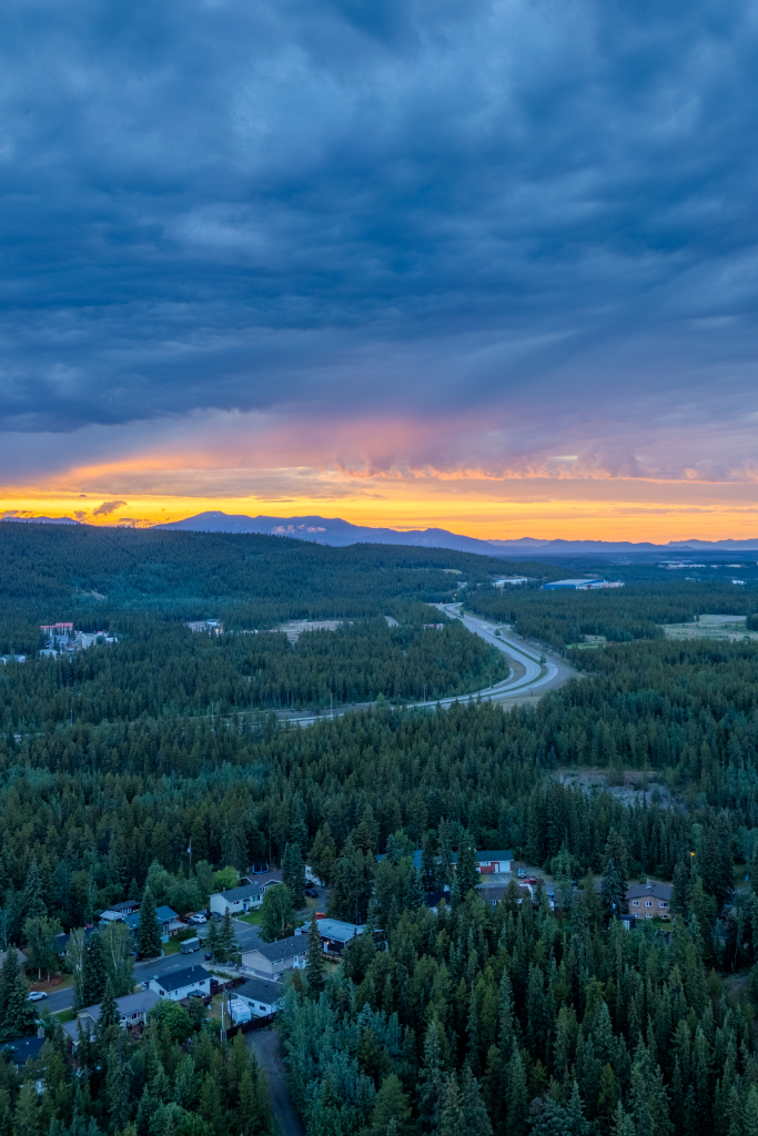 Drone shot of sunset over Whitehorse, Yukon.